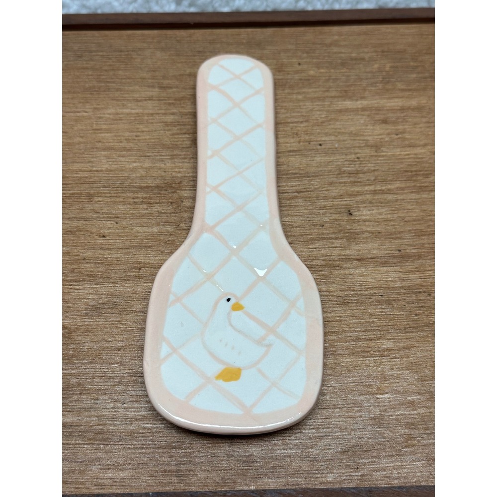 Vtg Spoon Rest Ceramic Peach Lattice Hand Painted Duck Farmhouse Decor Goose
